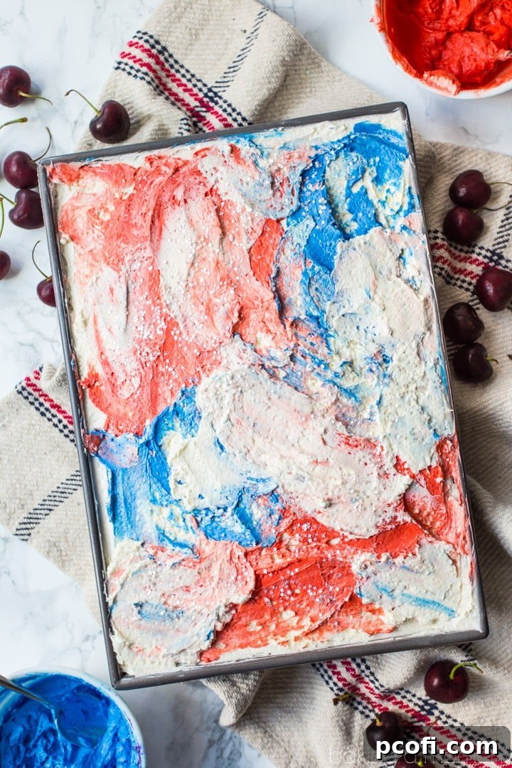 Cherry Vanilla Sheet Cake with Red, White, & Blue Swirl Frosting- perfect for Memorial Day or July 4th! Don't forget the edible star glitter! food desserts patriotic