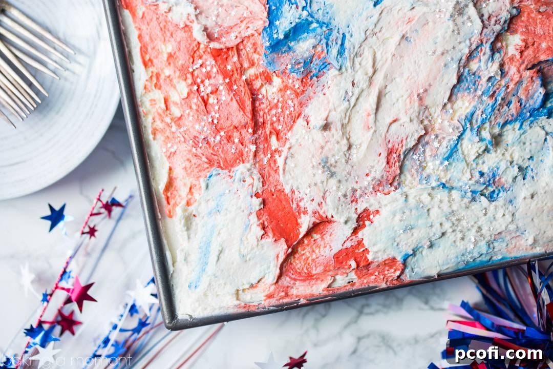 Cherry Vanilla Sheet Cake with Red, White, & Blue Swirl Frosting- perfect for Memorial Day or July 4th! Don't forget the edible star glitter! food desserts patriotic