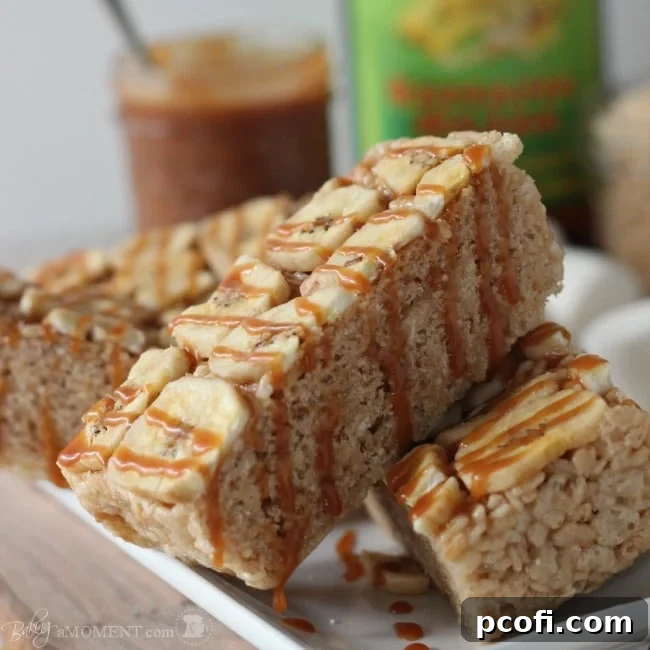 Delicious Bananas Foster Rice Krispie Treats with caramel drizzle
