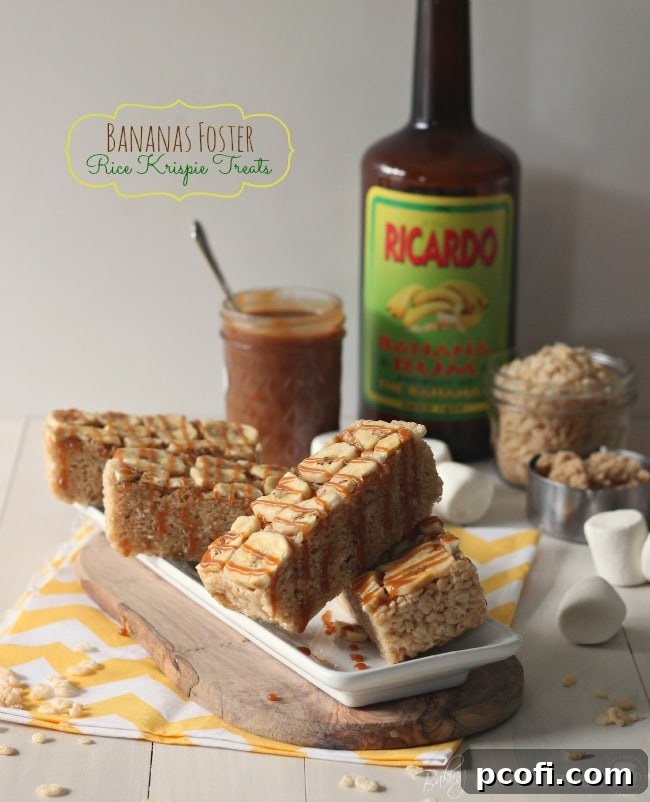 Close-up of Bananas Foster Rice Krispie Treats showing the gooey texture and banana chips