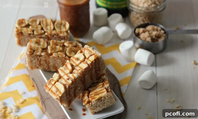 Overhead view of Bananas Foster Rice Krispie Treats in a pan, partially cut