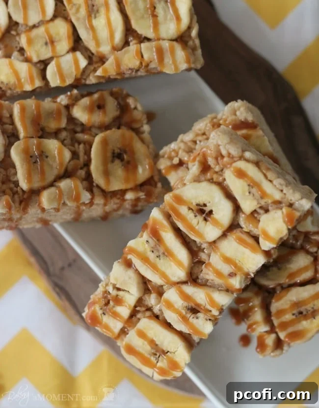 Finished Bananas Foster Rice Krispie Treats with the last drizzle of caramel