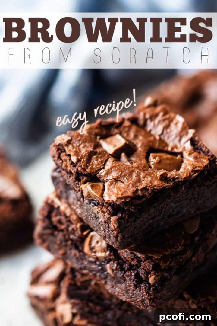 Close-up image of a stack of fudgy brownies with a text overlay that reads "Brownies from Scratch, Easy Recipe."