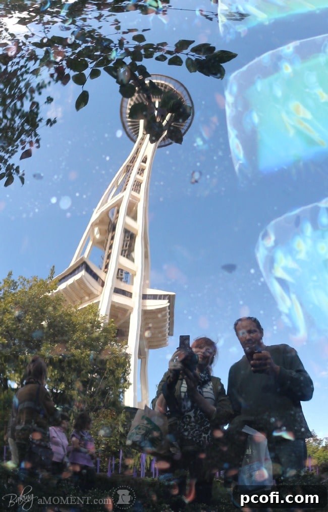 Close-up of the Space Needle against a blue sky