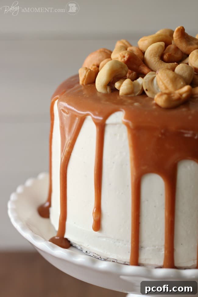 Delicious Vanilla Malt Cake with Cashews and Salted Caramel