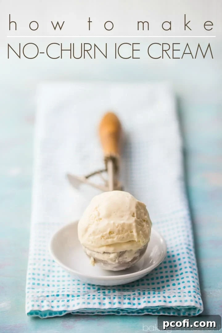 A close-up of smooth, vanilla no-churn ice cream in a white bowl, ready to be served. No ice cream maker required for this easy recipe.