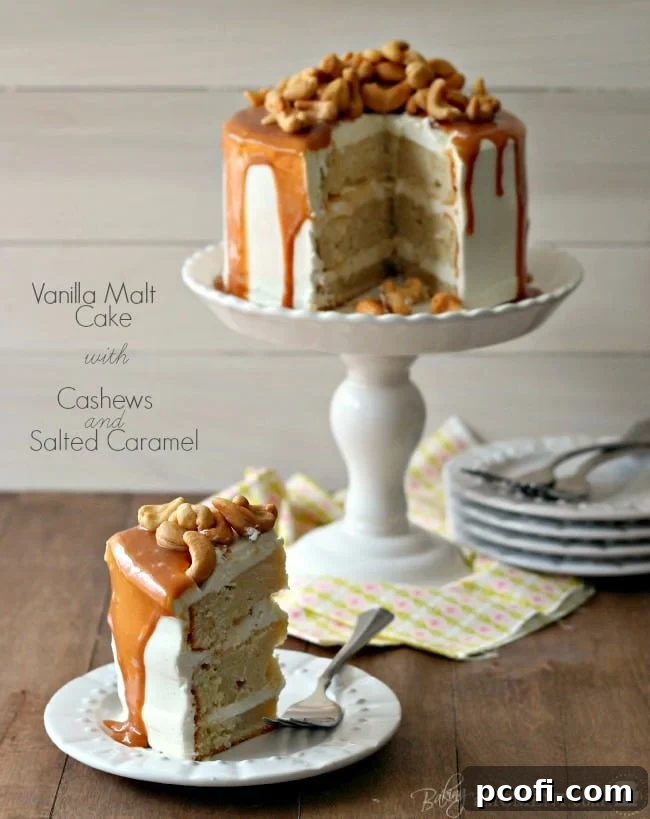 Close-up of a beautifully frosted Vanilla Malt Cake with visible vanilla bean flecks