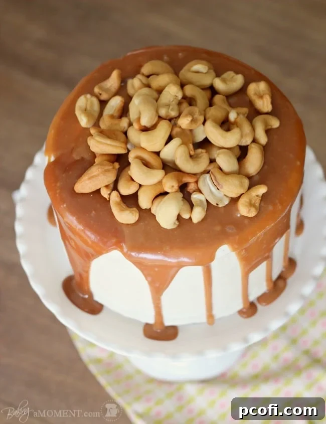 Elegant slice of Vanilla Malt Cake, showcasing layers, caramel drip, and cashews