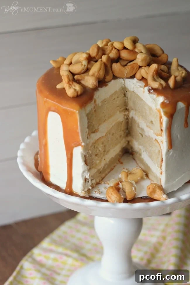 Full Vanilla Malt Layer Cake with a generous topping of salted caramel and cashews