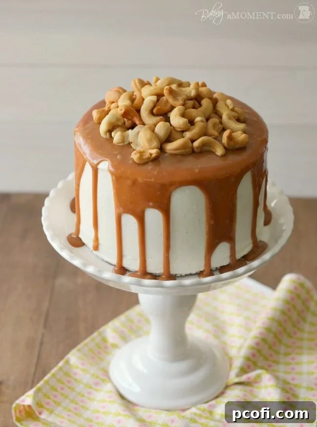 Overhead view of a beautiful slice of Vanilla Malt Layer Cake on a plate