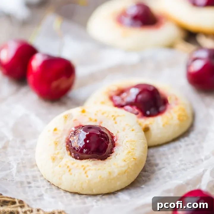 Pillow-soft Cherry Cheesecake Thumbprint Cookies with a glistening glazed cherry and crunchy graham cracker crumbs on a white platter. A truly irresistible dessert.