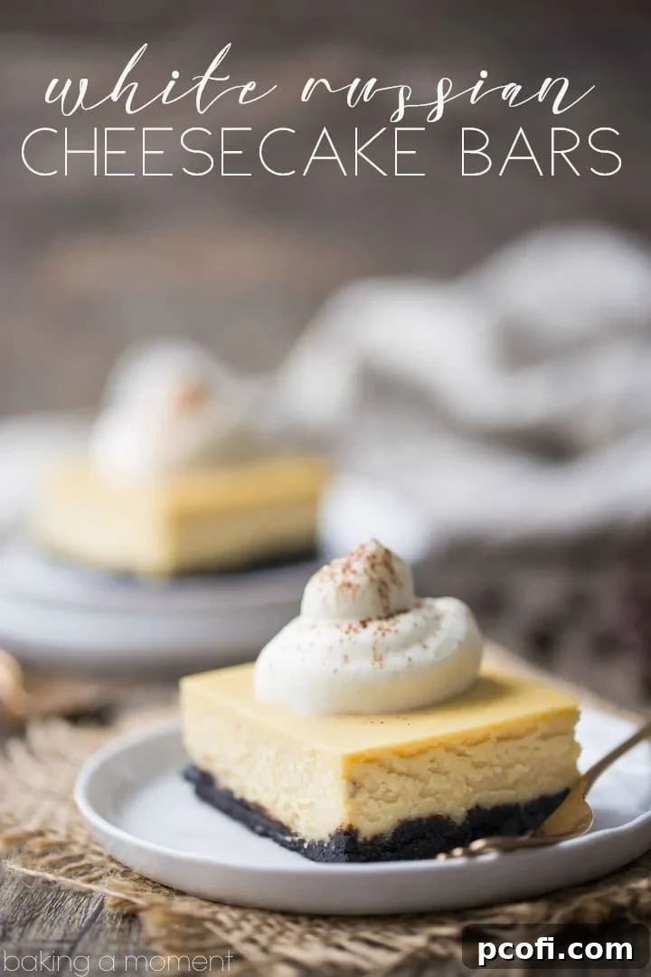 Closeup of White Russian Cheesecake Bars, showcasing the creamy filling, chocolate crust, and garnished with cocoa powder.
