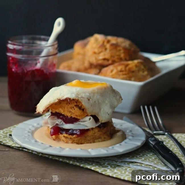 Fluffy sweet potato buttermilk biscuits with smoked turkey, cranberry compote, and cheddar mornay, topped with a fried egg.