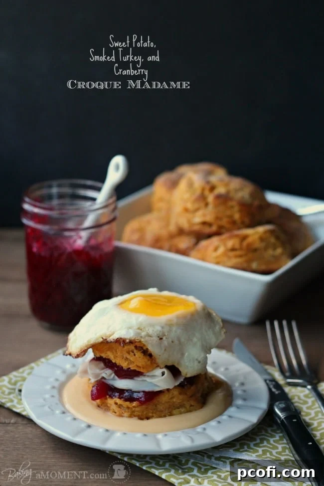 Elevated Sweet Potato, Smoked Turkey, and Cranberry Croque Madame, ready to be enjoyed.