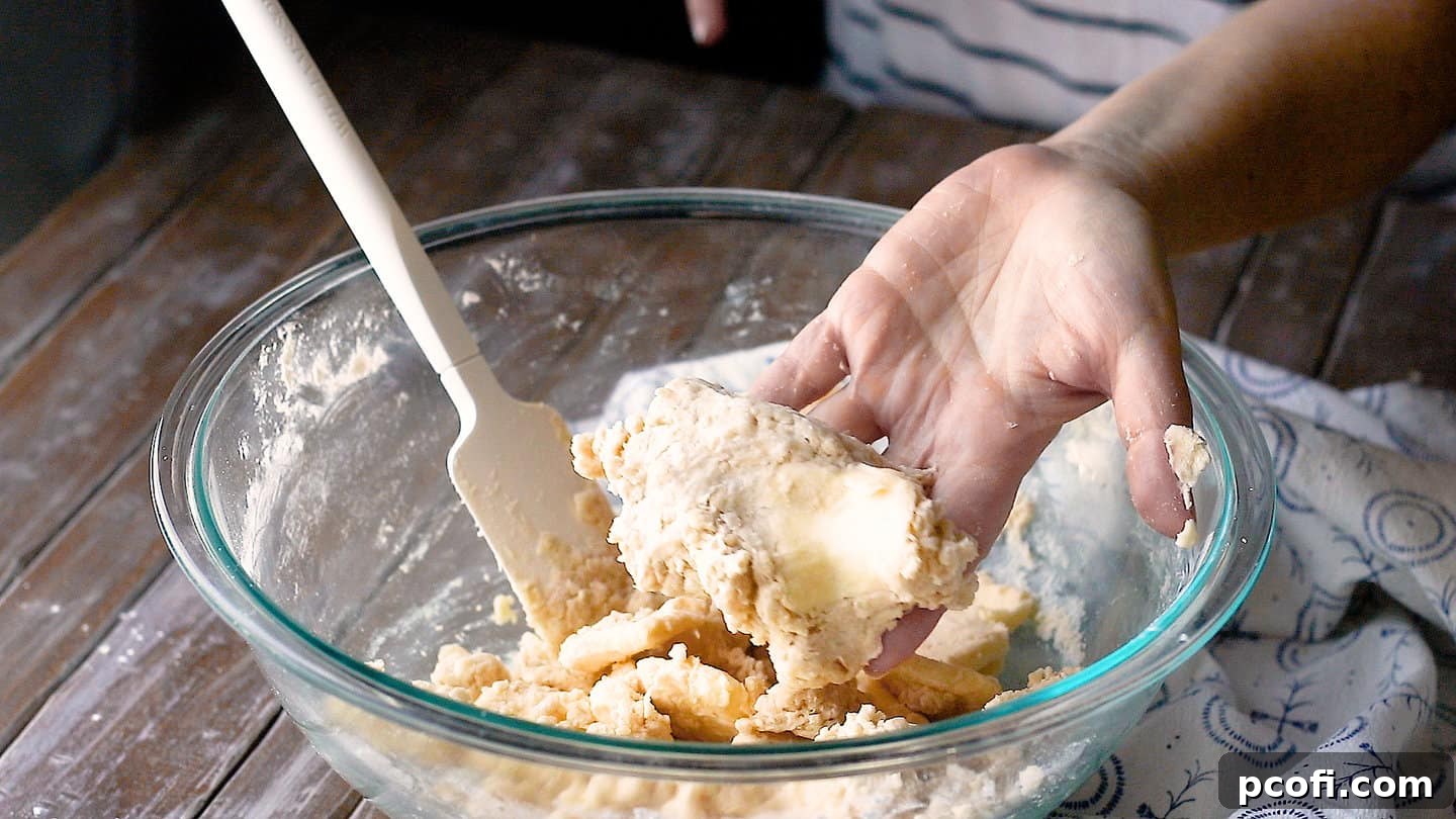 Squeezing freshly made pie dough in a hand to test if it holds its shape, indicating proper hydration for the crust.