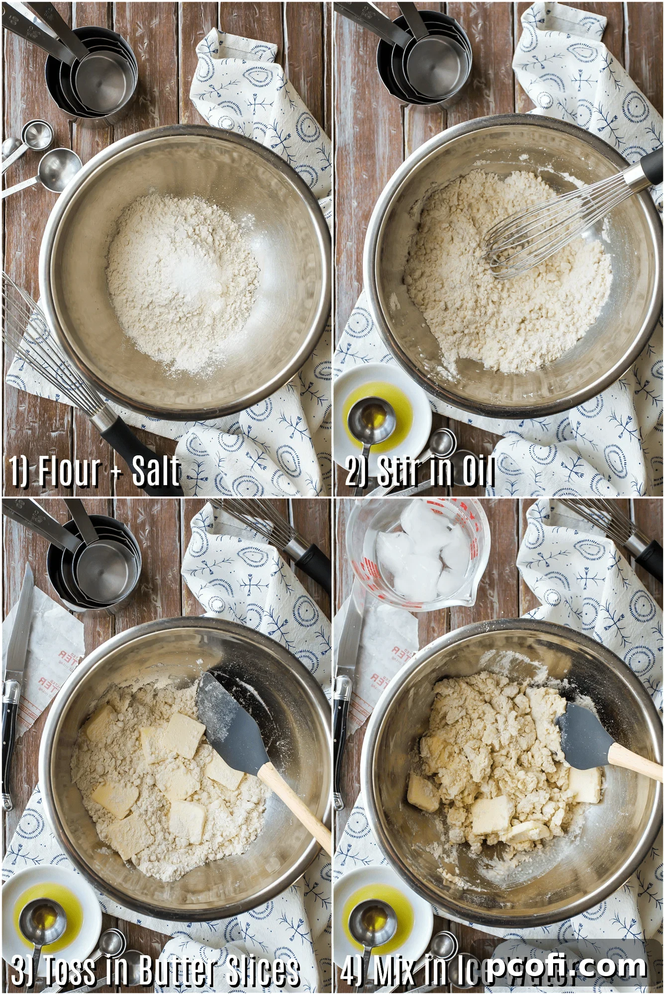Image collage illustrating the process of making homemade pie crust dough, from mixing to chilling.