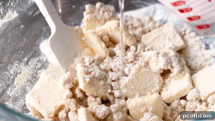 Carefully adding ice water, one tablespoon at a time, to the pie crust mixture to achieve the perfect consistency.