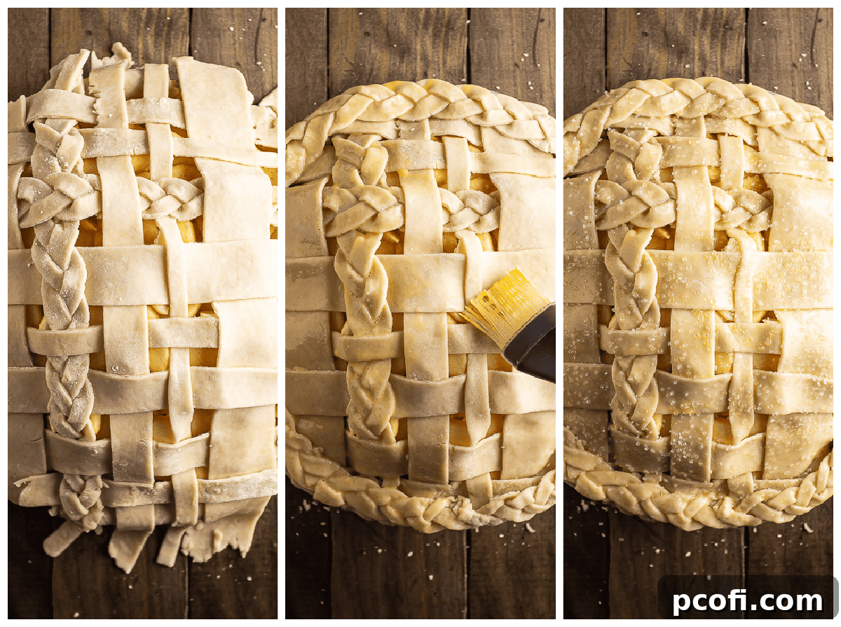 A series of step-by-step photos demonstrating how to create an intricate lattice pie crust top for an apple pie.
