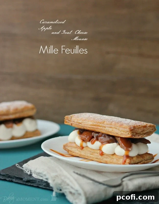 Close-up of Caramelized Apple and Goat Cheese Mousse Mille Feuilles Dessert
