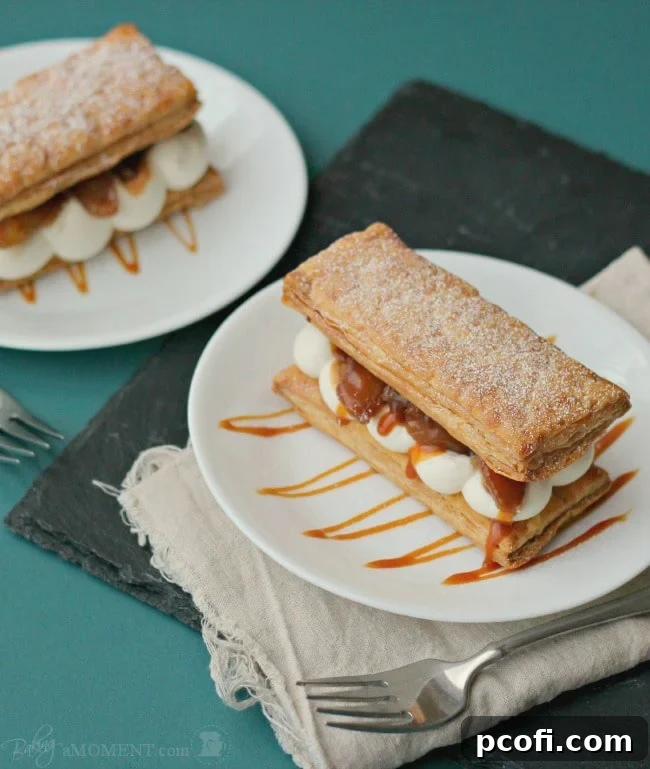Caramelized Apple slices on a skillet, ready for assembly in Mille Feuilles