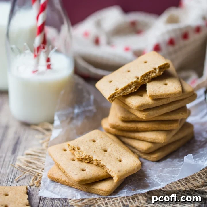 Freshly baked homemade graham crackers stacked on a white plate, showcasing their rustic texture and golden-brown hue.