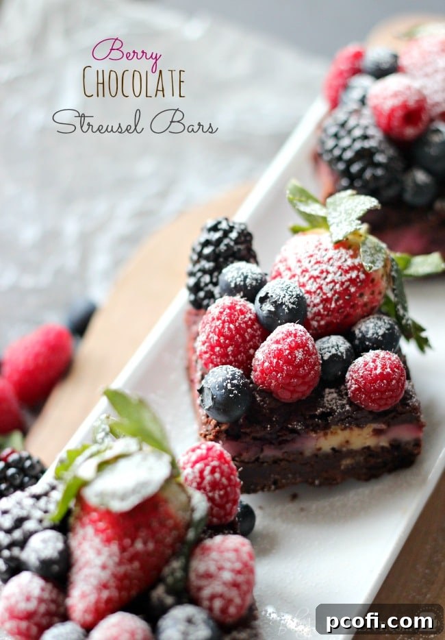 Close-up of Berry Chocolate Streusel Bars, showcasing layers of fudgy chocolate, tangy custard, and streusel