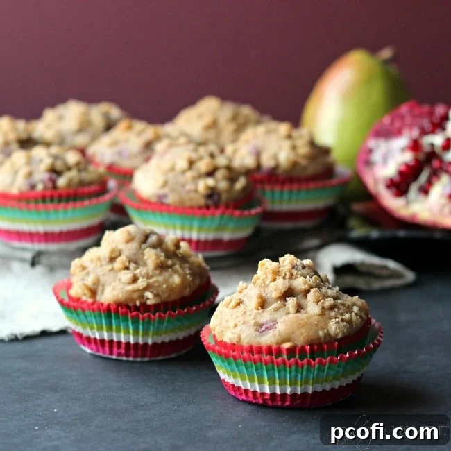 Delicious Skinny Pomegranate Pear Muffins with Ginger Oat Streusel, perfect for healthy snacking