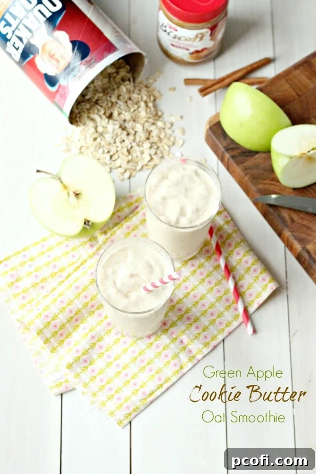 Green Apple Cookie Butter Oat Smoothie with fresh ingredients