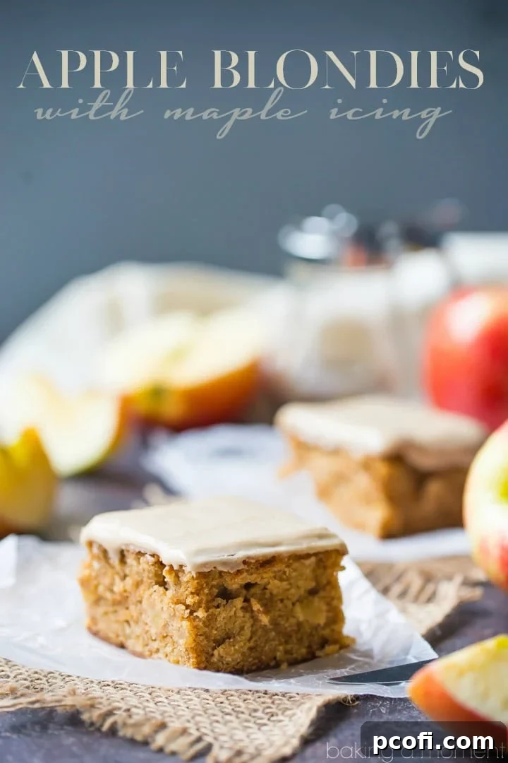 Soft, cake-y apple blondies with a sprinkle of cinnamon and a sweet maple glaze on top. Perfect for fall celebrations and cozy moments.