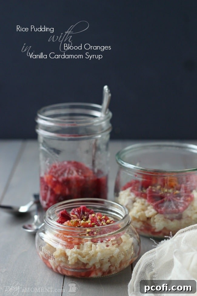 A close-up of the delicious Rice Pudding with Blood Oranges and Vanilla Cardamom Syrup, ready to be enjoyed.
