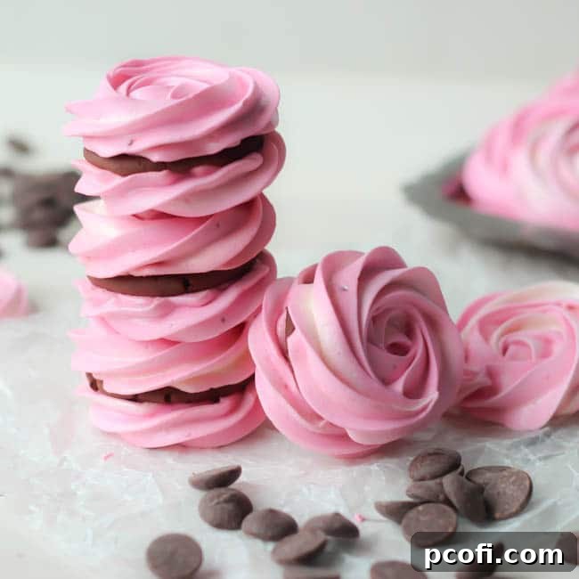 Delicate Raspberry Meringue Sandwiches filled with rich dark chocolate ganache