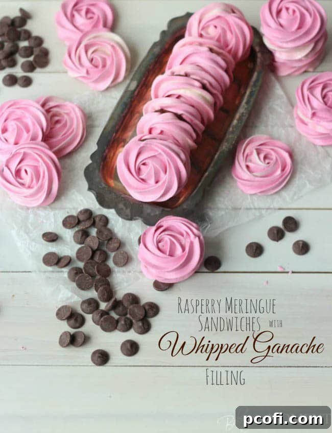 Assembled Raspberry Meringue Sandwiches with whipped dark chocolate ganache filling