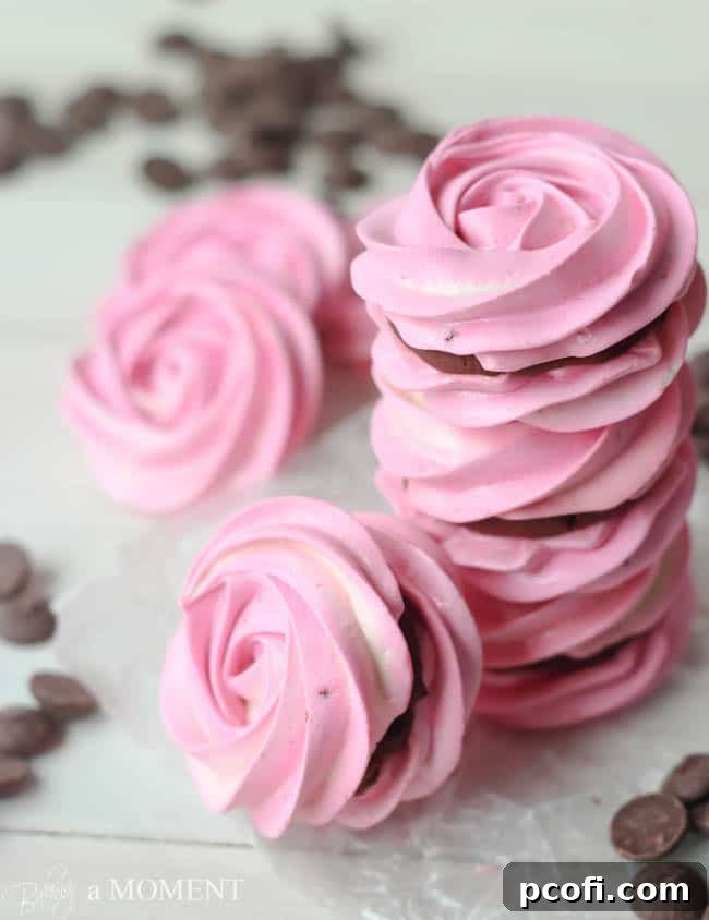 Close-up of a raspberry meringue sandwich highlighting the whipped ganache