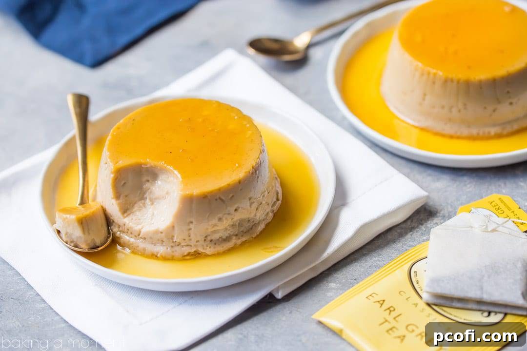 Delicious Earl Grey Creme Caramel ready to be served, showcasing the beautiful caramel sauce.