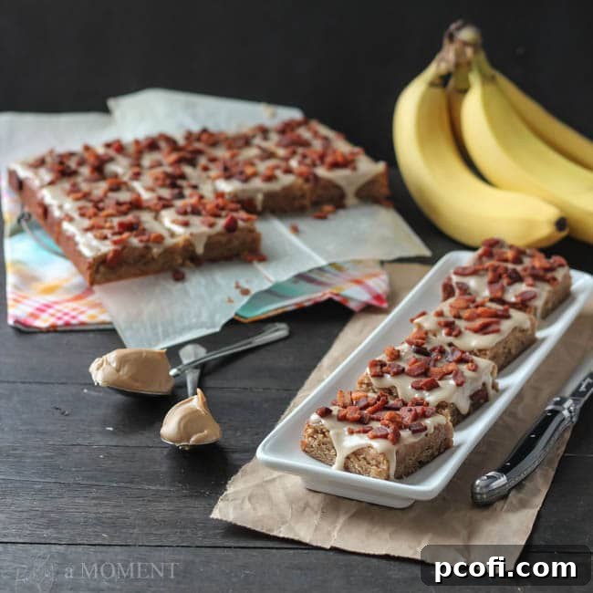 Fudgy Peanut Butter Banana Blondies with Bacon and Maple Glaze