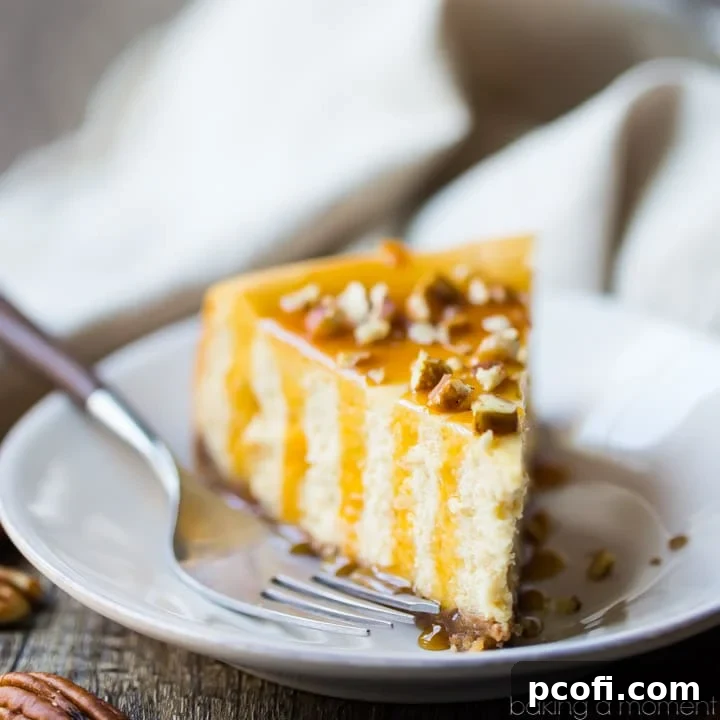 A perfectly sliced piece of caramel pecan cheesecake on a white plate, beautifully drizzled with extra caramel sauce and generously sprinkled with finely chopped pecans. The creamy texture and golden caramel invite you to take a bite.