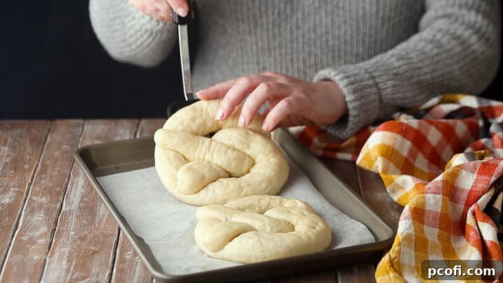 Freshly boiled soft pretzels, dark and ready for baking, being carefully placed onto a parchment-lined baking tray.