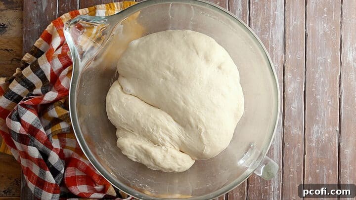 Soft pretzel dough after its first rise, appearing fluffy and doubled in size within a mixing bowl.