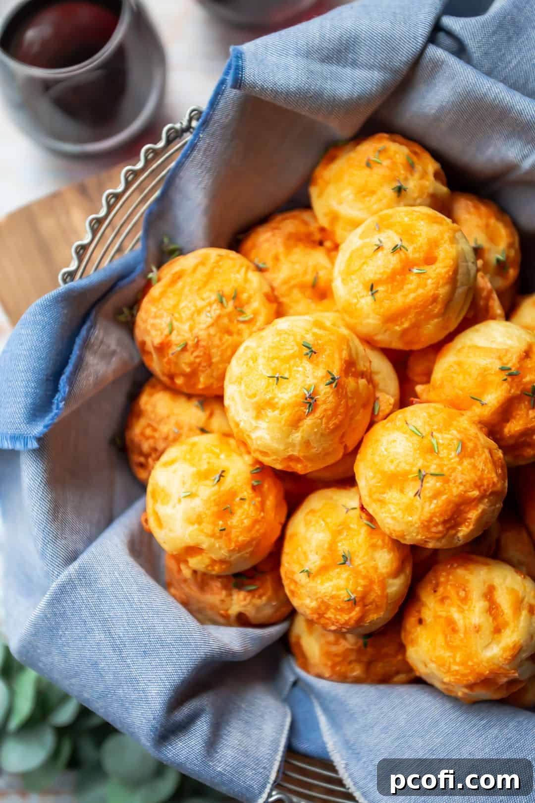Overhead view of a basket brimming with freshly baked cheese puffs, alongside glasses of wine, set for an elegant gathering.