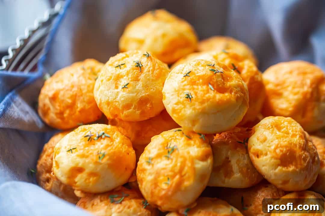 Freshly baked cheese puffs arranged in a basket, garnished with vibrant fresh herbs, ready to be served.
