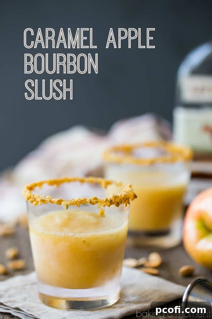 Caramel Apple Bourbon Slush: made with real apples and apple cider, buttery caramel, and toasty bourbon. A perfect fall sipper! #drinks #cocktails #fall