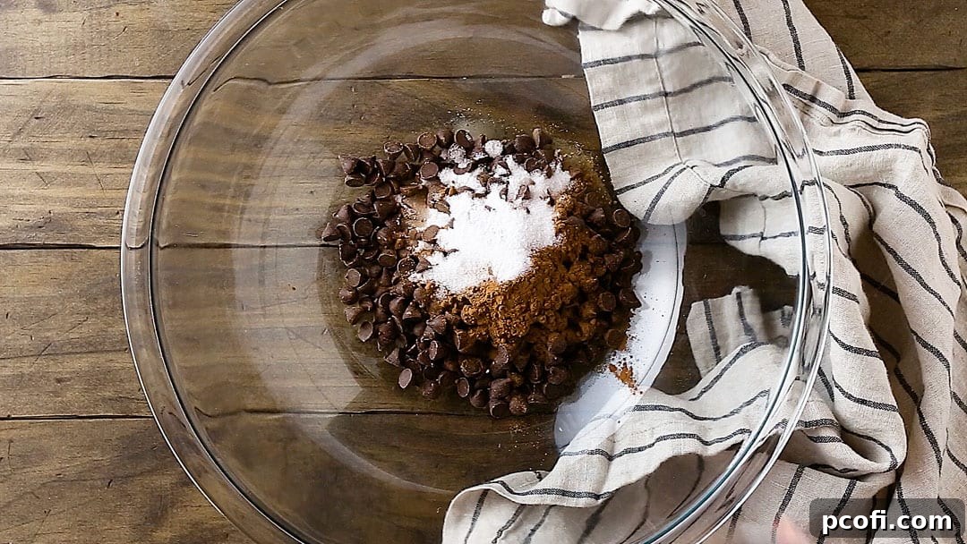 Chocolate chips, water, natural cocoa powder, granulated sugar, and a pinch of salt are precisely measured and placed in a large mixing bowl, ready for melting into a smooth mixture.