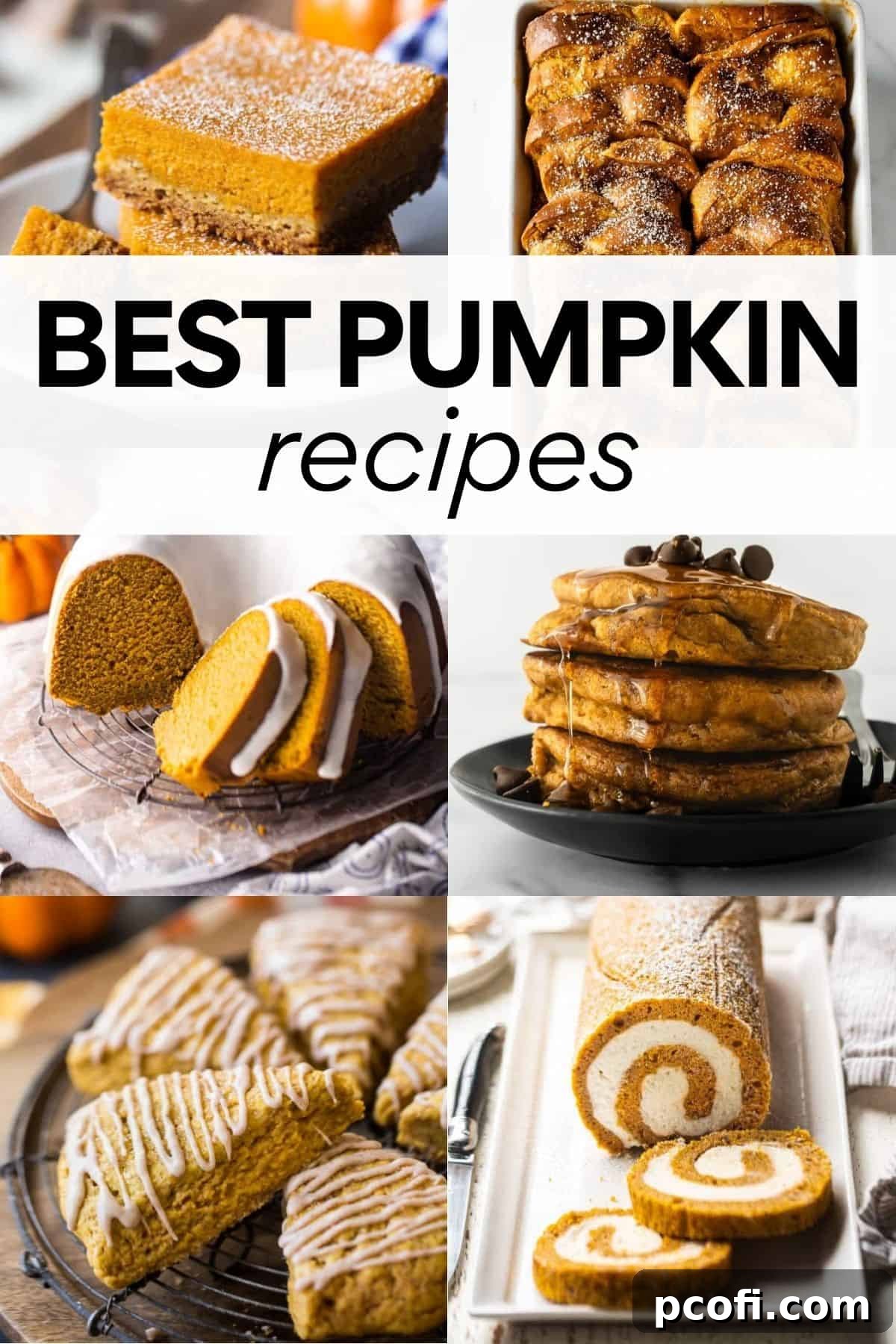 A mouth-watering collage of pumpkin recipes, prominently featuring the text "Best Pumpkin Recipes", showcasing various dishes like pies, cakes, muffins, and pancakes, all infused with rich pumpkin flavors, inviting you to explore the delicious possibilities of fall baking.