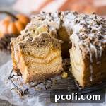 A slice of Pumpkin Spice Coffee Cake, showcasing its moist texture and crumb topping.