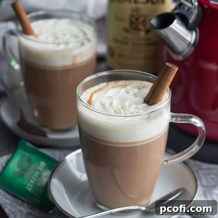A warm mug of Hot Buttered Jamie, a comforting hot toddy made with strong black tea, Irish whiskey, brown sugar, and butter, garnished with whipped cream and a cinnamon stick. Perfect for cold winter evenings.