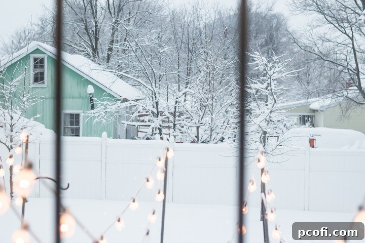 A picturesque winter scene outside a window, with snow-covered trees and a cozy, inviting atmosphere. This tranquil view is the perfect backdrop for enjoying a warm beverage.
