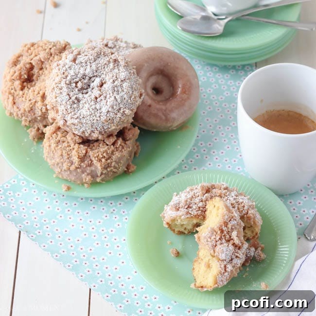Homemade Crumb Donuts with Rich Tender Cake, Sweet Cinnamon Glaze, and Buttery Crumb Topping