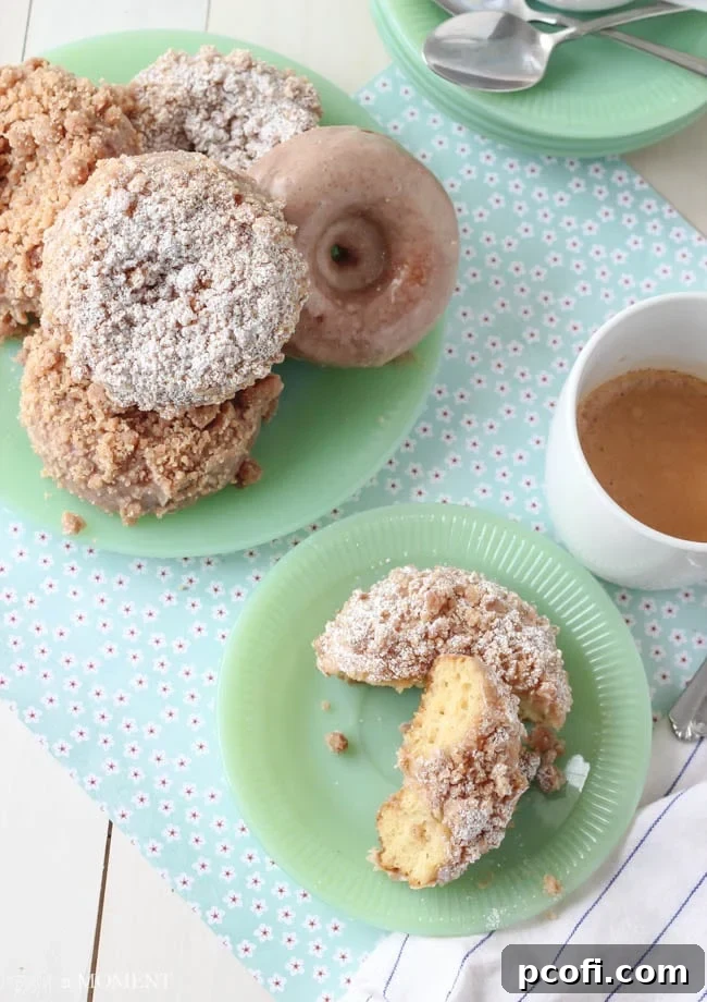 Finished Homemade Crumb Donuts Dusted with Powdered Sugar