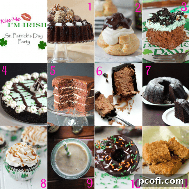 A collage of 11 St. Patrick's Day themed desserts from various bloggers.