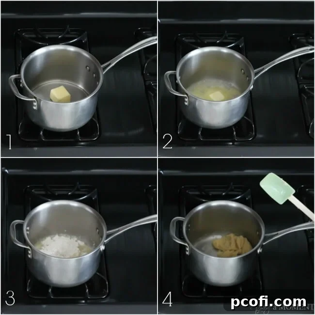 Stirring flour into the hot butter and water mixture for choux pastry